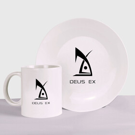 Набор: тарелка + кружка с принтом Deus Ex в Белгороде, керамика | Кружка: объем — 330 мл, диаметр — 80 мм. Принт наносится на бока кружки, можно сделать два разных изображения. 
Тарелка: диаметр - 210 мм, диаметр для нанесения принта - 120 мм. | deus ex дэус деус экс