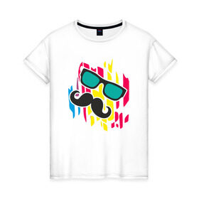 Женская футболка хлопок с принтом Летнее настроение в Белгороде, 100% хлопок | прямой крой, круглый вырез горловины, длина до линии бедер, слегка спущенное плечо | лето | настроение | очки | позитив | усы | цвет