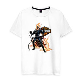 Мужская футболка хлопок с принтом Скелет байкер в Белгороде, 100% хлопок | прямой крой, круглый вырез горловины, длина до линии бедер, слегка спущенное плечо. | harley | moto | байк | байкер | мото | мотоцикл | харлей
