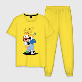 Мужская пижама хлопок с принтом Пикачу в Белгороде, 100% хлопок | брюки и футболка прямого кроя, без карманов, на брюках мягкая резинка на поясе и по низу штанин
 | 