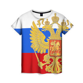 Женская футболка 3D с принтом Флаг и герб РФ в Белгороде, 100% полиэфир ( синтетическое хлопкоподобное полотно) | прямой крой, круглый вырез горловины, длина до линии бедер | герб | патриот | россия | рф | флаг
