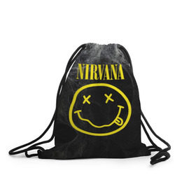 Рюкзак-мешок 3D с принтом Nirvana в Белгороде, 100% полиэстер | плотность ткани — 200 г/м2, размер — 35 х 45 см; лямки — толстые шнурки, застежка на шнуровке, без карманов и подкладки | cobain | curt | nirvana | rock | smile | кобейн | курт | рок | смайл