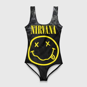 Купальник-боди 3D с принтом Nirvana в Белгороде, 82% полиэстер, 18% эластан | Круглая горловина, круглый вырез на спине | cobain | curt | nirvana | rock | smile | кобейн | курт | рок | смайл
