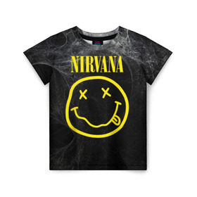 Детская футболка 3D с принтом Nirvana в Белгороде, 100% гипоаллергенный полиэфир | прямой крой, круглый вырез горловины, длина до линии бедер, чуть спущенное плечо, ткань немного тянется | Тематика изображения на принте: cobain | curt | nirvana | rock | smile | кобейн | курт | рок | смайл