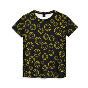 Женская футболка 3D с принтом Nirvana в Белгороде, 100% полиэфир ( синтетическое хлопкоподобное полотно) | прямой крой, круглый вырез горловины, длина до линии бедер | cobain | curt | nirvana | rock | smile | кобейн | курт | рок | смайл