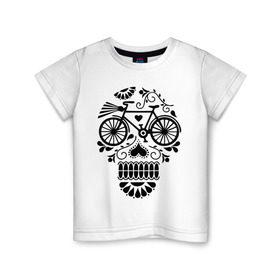Детская футболка хлопок с принтом Велочереп в Белгороде, 100% хлопок | круглый вырез горловины, полуприлегающий силуэт, длина до линии бедер | Тематика изображения на принте: bicycle | bike | biker | байк | велик | велосипед | велосипедист | велоспорт | велочереп | спорт | череп