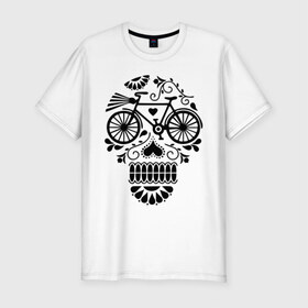 Мужская футболка премиум с принтом Велочереп в Белгороде, 92% хлопок, 8% лайкра | приталенный силуэт, круглый вырез ворота, длина до линии бедра, короткий рукав | bicycle | bike | biker | байк | велик | велосипед | велосипедист | велоспорт | велочереп | спорт | череп