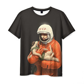 Мужская футболка 3D с принтом Гагарин в Белгороде, 100% полиэфир | прямой крой, круглый вырез горловины, длина до линии бедер | гагарин | космос. россия | поехали | полет | собака | ссср