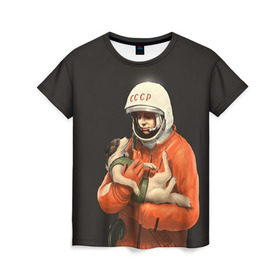 Женская футболка 3D с принтом Гагарин в Белгороде, 100% полиэфир ( синтетическое хлопкоподобное полотно) | прямой крой, круглый вырез горловины, длина до линии бедер | гагарин | космос. россия | поехали | полет | собака | ссср