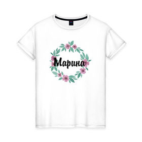 Женская футболка хлопок с принтом Марина в Белгороде, 100% хлопок | прямой крой, круглый вырез горловины, длина до линии бедер, слегка спущенное плечо | акварель | венок | марина | цветы