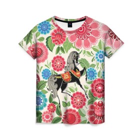 Женская футболка 3D с принтом Роспись в Белгороде, 100% полиэфир ( синтетическое хлопкоподобное полотно) | прямой крой, круглый вырез горловины, длина до линии бедер | конь | лошадь | узор | цветы