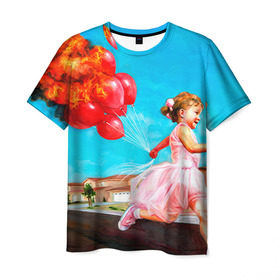 Мужская футболка 3D с принтом Девочка с шариками в Белгороде, 100% полиэфир | прямой крой, круглый вырез горловины, длина до линии бедер | Тематика изображения на принте: картина | огонь