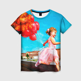 Женская футболка 3D с принтом Девочка с шариками в Белгороде, 100% полиэфир ( синтетическое хлопкоподобное полотно) | прямой крой, круглый вырез горловины, длина до линии бедер | картина | огонь