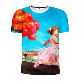 Мужская футболка 3D спортивная с принтом Девочка с шариками в Белгороде, 100% полиэстер с улучшенными характеристиками | приталенный силуэт, круглая горловина, широкие плечи, сужается к линии бедра | Тематика изображения на принте: картина | огонь