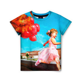 Детская футболка 3D с принтом Девочка с шариками в Белгороде, 100% гипоаллергенный полиэфир | прямой крой, круглый вырез горловины, длина до линии бедер, чуть спущенное плечо, ткань немного тянется | Тематика изображения на принте: картина | огонь