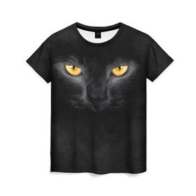 Женская футболка 3D с принтом Черная кошка в Белгороде, 100% полиэфир ( синтетическое хлопкоподобное полотно) | прямой крой, круглый вырез горловины, длина до линии бедер | глаза | киса | кот | котик | кошка | черная кошка