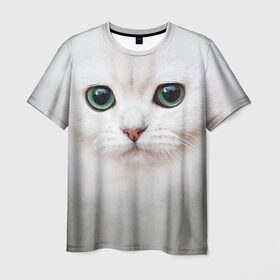 Мужская футболка 3D с принтом Белый котик в Белгороде, 100% полиэфир | прямой крой, круглый вырез горловины, длина до линии бедер | белая кошка | киса | кот | котик | кошка