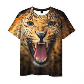 Мужская футболка 3D с принтом Леопард в Белгороде, 100% полиэфир | прямой крой, круглый вырез горловины, длина до линии бедер | киса | кошка | леопард | хищник