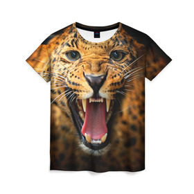 Женская футболка 3D с принтом Леопард в Белгороде, 100% полиэфир ( синтетическое хлопкоподобное полотно) | прямой крой, круглый вырез горловины, длина до линии бедер | киса | кошка | леопард | хищник