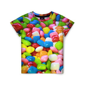 Детская футболка 3D с принтом Конфетки в Белгороде, 100% гипоаллергенный полиэфир | прямой крой, круглый вырез горловины, длина до линии бедер, чуть спущенное плечо, ткань немного тянется | Тематика изображения на принте: вкусности | конфеты | мармелад | сладости