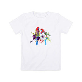 Детская футболка хлопок с принтом Попугаи в Белгороде, 100% хлопок | круглый вырез горловины, полуприлегающий силуэт, длина до линии бедер | myparrots | акварель | попугаи | птиц | розелла | цветы