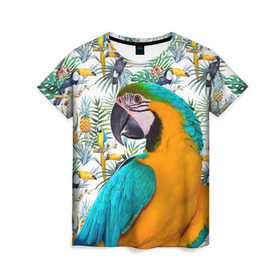 Женская футболка 3D с принтом Попугаи в Белгороде, 100% полиэфир ( синтетическое хлопкоподобное полотно) | прямой крой, круглый вырез горловины, длина до линии бедер | myparrots | parrot | ара | листья | орнамент | попугаи | птицы | рай | синежелтый | тукан | узор | цветы