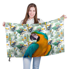 Флаг 3D с принтом Попугаи в Белгороде, 100% полиэстер | плотность ткани — 95 г/м2, размер — 67 х 109 см. Принт наносится с одной стороны | myparrots | parrot | ара | листья | орнамент | попугаи | птицы | рай | синежелтый | тукан | узор | цветы