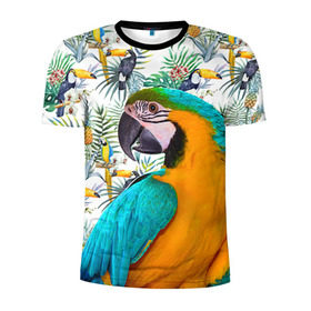 Мужская футболка 3D спортивная с принтом Попугаи в Белгороде, 100% полиэстер с улучшенными характеристиками | приталенный силуэт, круглая горловина, широкие плечи, сужается к линии бедра | myparrots | parrot | ара | листья | орнамент | попугаи | птицы | рай | синежелтый | тукан | узор | цветы