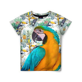 Детская футболка 3D с принтом Попугаи в Белгороде, 100% гипоаллергенный полиэфир | прямой крой, круглый вырез горловины, длина до линии бедер, чуть спущенное плечо, ткань немного тянется | Тематика изображения на принте: myparrots | parrot | ара | листья | орнамент | попугаи | птицы | рай | синежелтый | тукан | узор | цветы