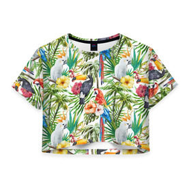 Женская футболка 3D укороченная с принтом Попугаи в Белгороде, 100% полиэстер | круглая горловина, длина футболки до линии талии, рукава с отворотами | myparrots | parrot | ара | листья | орнамент | попугаи | птицы | рай | тукан | узор | цветы