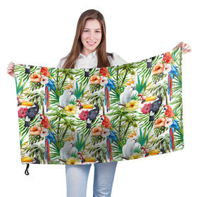 Флаг 3D с принтом Попугаи в Белгороде, 100% полиэстер | плотность ткани — 95 г/м2, размер — 67 х 109 см. Принт наносится с одной стороны | myparrots | parrot | ара | листья | орнамент | попугаи | птицы | рай | тукан | узор | цветы
