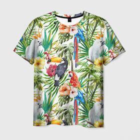 Мужская футболка 3D с принтом Попугаи в Белгороде, 100% полиэфир | прямой крой, круглый вырез горловины, длина до линии бедер | myparrots | parrot | ара | листья | орнамент | попугаи | птицы | рай | тукан | узор | цветы