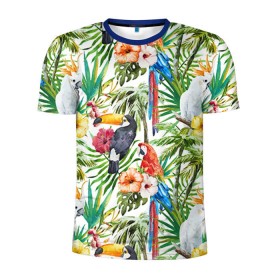 Мужская футболка 3D спортивная с принтом Попугаи в Белгороде, 100% полиэстер с улучшенными характеристиками | приталенный силуэт, круглая горловина, широкие плечи, сужается к линии бедра | myparrots | parrot | ара | листья | орнамент | попугаи | птицы | рай | тукан | узор | цветы