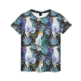 Женская футболка 3D с принтом Попугаи в Белгороде, 100% полиэфир ( синтетическое хлопкоподобное полотно) | прямой крой, круглый вырез горловины, длина до линии бедер | Тематика изображения на принте: myparrots | parrotузор | листья | орнамент | попугаи | птицы | рай | цветы