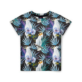 Детская футболка 3D с принтом Попугаи в Белгороде, 100% гипоаллергенный полиэфир | прямой крой, круглый вырез горловины, длина до линии бедер, чуть спущенное плечо, ткань немного тянется | myparrots | parrotузор | листья | орнамент | попугаи | птицы | рай | цветы