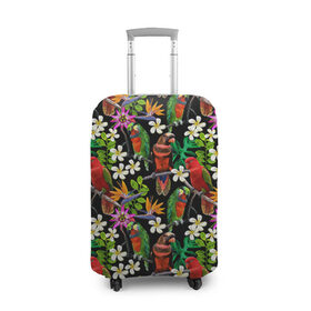 Чехол для чемодана 3D с принтом Попугаи в Белгороде, 86% полиэфир, 14% спандекс | двустороннее нанесение принта, прорези для ручек и колес | myparrots | parrotузор | листья | орнамент | попугаи | птицы | рай | цветы