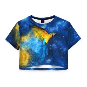 Женская футболка 3D укороченная с принтом Попугаи в Белгороде, 100% полиэстер | круглая горловина, длина футболки до линии талии, рукава с отворотами | macaw | myparrots | parrot | ара | космос | попугаи | птицы