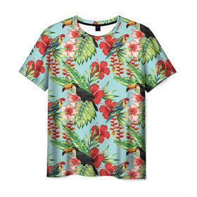 Мужская футболка 3D с принтом Попугаи в Белгороде, 100% полиэфир | прямой крой, круглый вырез горловины, длина до линии бедер | myparrots | parrotузор | листья | орнамент | попугаи | птицы | рай | розелла | тукан | цветы