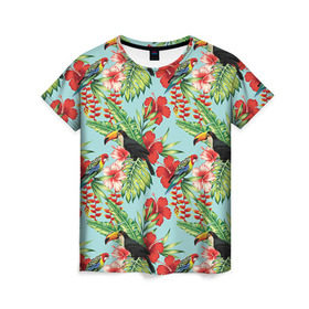 Женская футболка 3D с принтом Попугаи в Белгороде, 100% полиэфир ( синтетическое хлопкоподобное полотно) | прямой крой, круглый вырез горловины, длина до линии бедер | myparrots | parrotузор | листья | орнамент | попугаи | птицы | рай | розелла | тукан | цветы