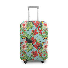 Чехол для чемодана 3D с принтом Попугаи в Белгороде, 86% полиэфир, 14% спандекс | двустороннее нанесение принта, прорези для ручек и колес | myparrots | parrotузор | листья | орнамент | попугаи | птицы | рай | розелла | тукан | цветы