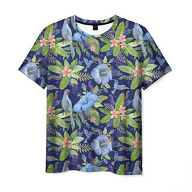 Мужская футболка 3D с принтом Попугаи в Белгороде, 100% полиэфир | прямой крой, круглый вырез горловины, длина до линии бедер | myparrots | parrot | кольчатый | листья | ожереловый | орнамент | попугаи | птицы | рай | узор | цветы