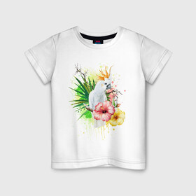 Детская футболка хлопок с принтом Какаду в Белгороде, 100% хлопок | круглый вырез горловины, полуприлегающий силуэт, длина до линии бедер | myparrots | parrot | листья | орнамент | попугаи | птицы | рай | узор | цветы