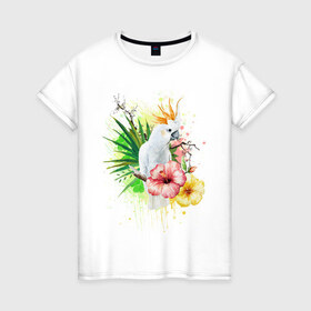 Женская футболка хлопок с принтом Какаду в Белгороде, 100% хлопок | прямой крой, круглый вырез горловины, длина до линии бедер, слегка спущенное плечо | myparrots | parrot | листья | орнамент | попугаи | птицы | рай | узор | цветы