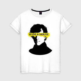 Женская футболка хлопок с принтом шерлок (SHERLOCK) в Белгороде, 100% хлопок | прямой крой, круглый вырез горловины, длина до линии бедер, слегка спущенное плечо | 