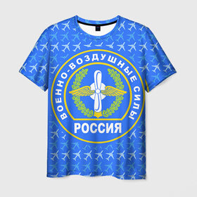 Мужская футболка 3D с принтом ВВС РОССИИ в Белгороде, 100% полиэфир | прямой крой, круглый вырез горловины, длина до линии бедер | Тематика изображения на принте: авиация | герб | летчику | небо
