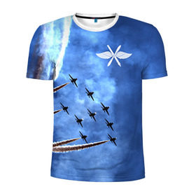 Мужская футболка 3D спортивная с принтом Самолеты в небе в Белгороде, 100% полиэстер с улучшенными характеристиками | приталенный силуэт, круглая горловина, широкие плечи, сужается к линии бедра | авиатор | авиация | ввс | герб | летчику | небо | самолет | флаг