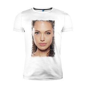 Мужская футболка премиум с принтом Анджелина Джоли (retro style) в Белгороде, 92% хлопок, 8% лайкра | приталенный силуэт, круглый вырез ворота, длина до линии бедра, короткий рукав | Тематика изображения на принте: angelina jolie | анджелина джоли | кинозвезда