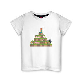 Детская футболка хлопок с принтом Вершина холма в Minecraft в Белгороде, 100% хлопок | круглый вырез горловины, полуприлегающий силуэт, длина до линии бедер | minecraft | майнкрафт | холм на котором сидят различные мобы из игры minecraftкубы
