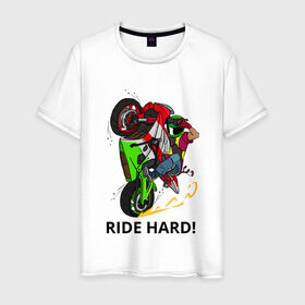 Мужская футболка хлопок с принтом Ride Hard (Moto) в Белгороде, 100% хлопок | прямой крой, круглый вырез горловины, длина до линии бедер, слегка спущенное плечо. | moto | motorcycle | ride hard or go home вваливай по настоящемуstunt | yamaha | мото | спортбайк | стант