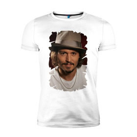 Мужская футболка премиум с принтом Джонни Депп (Johnny Depp) в Белгороде, 92% хлопок, 8% лайкра | приталенный силуэт, круглый вырез ворота, длина до линии бедра, короткий рукав | johnny depp | голливуд | джонни депп | кинозвезда